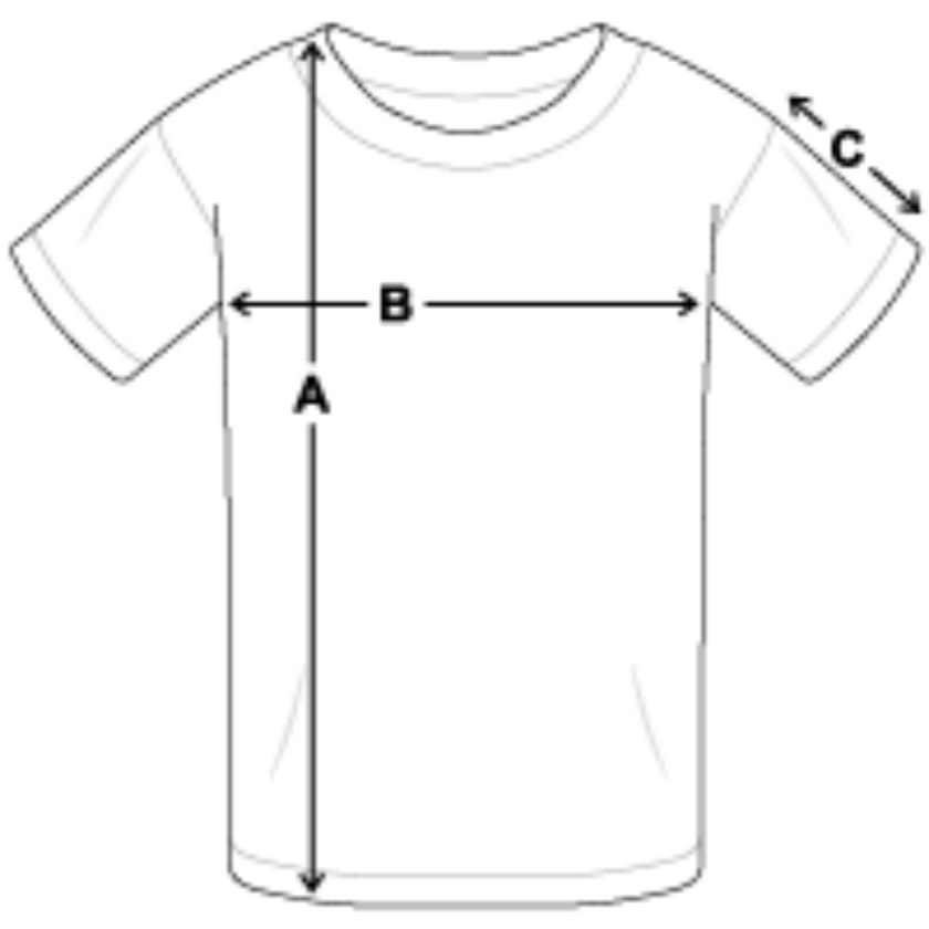 Maßskizze Kinder T-Shirt: A = Länge, B = Brustweite, C = Ärmellänge