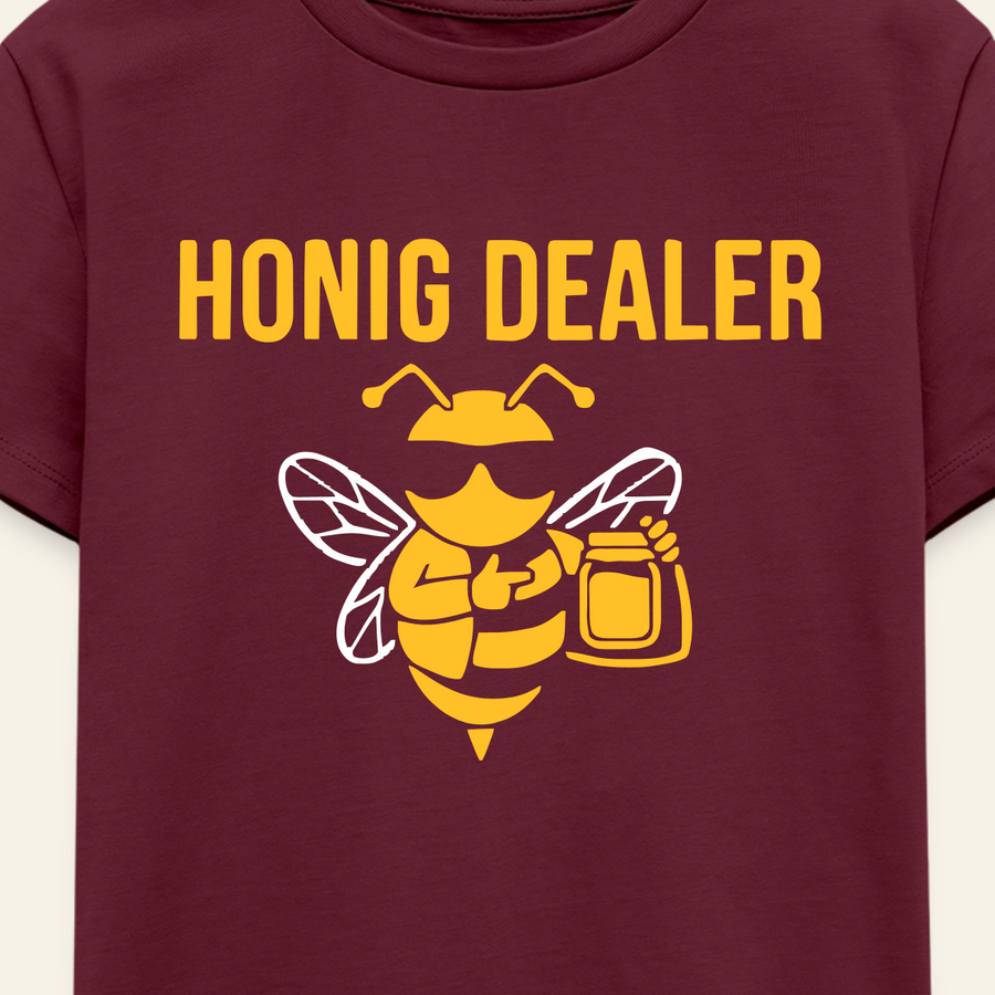 Honig Dealer Kinder T-Shirt in Burgunderrot – Druck im Detail