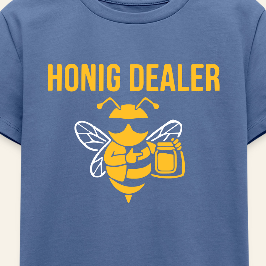 Honig Dealer Kinder T-Shirt in Steinblau – Druck im Detail