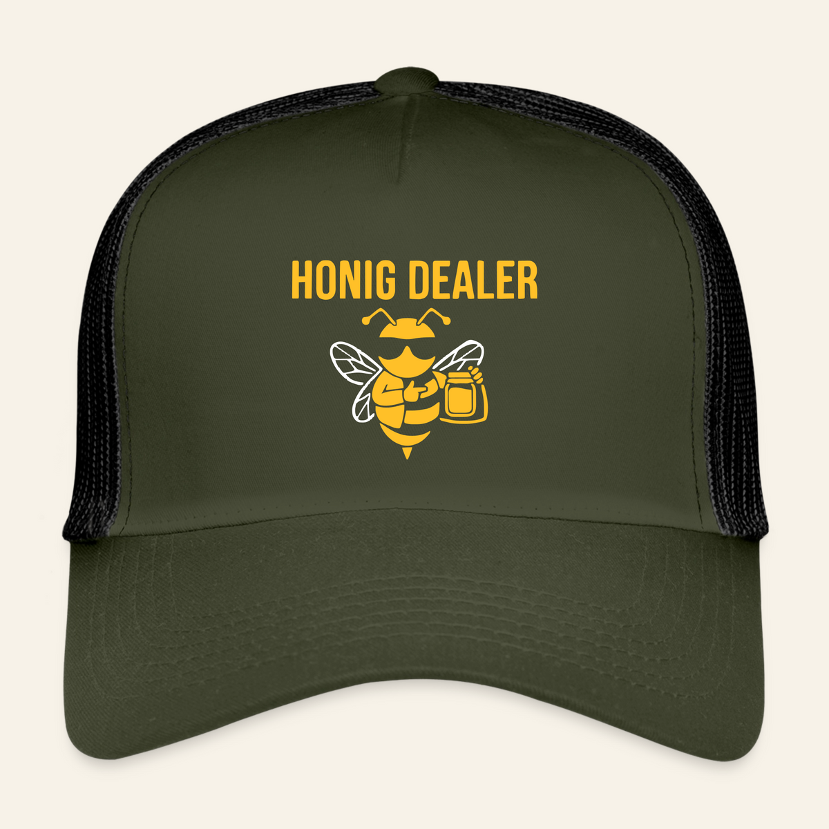 Honig Dealer Kinder-Trucker-Cap in Oliv/Schwarz – Vorderseite