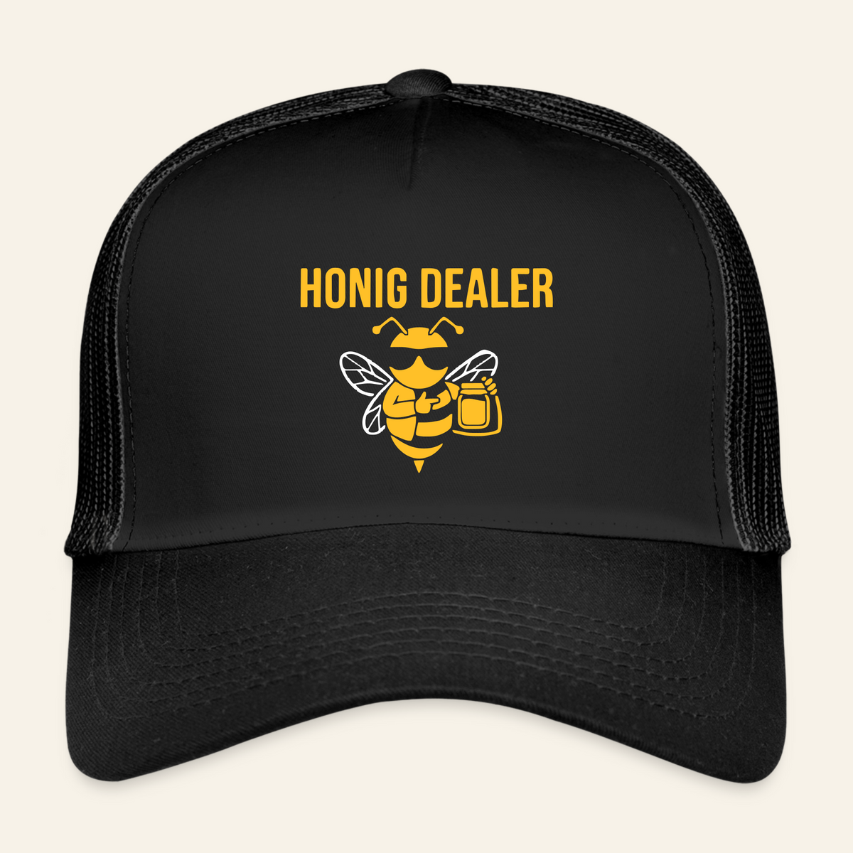 Honig Dealer Kinder-Trucker-Cap in Schwarz/Schwarz – Vorderseite