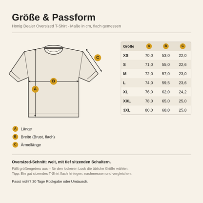 Honig Dealer Oversized T-Shirt – Größentabelle in cm: A Länge, B Breite, C Ärmellänge, Größen XS bis 3XL