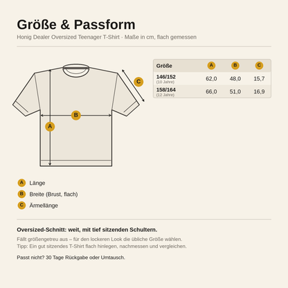 Honig Dealer Oversized Teenager T-Shirt – Größentabelle in cm: A Länge, B Breite, C Ärmellänge, Größen 146/152 bis 158/164