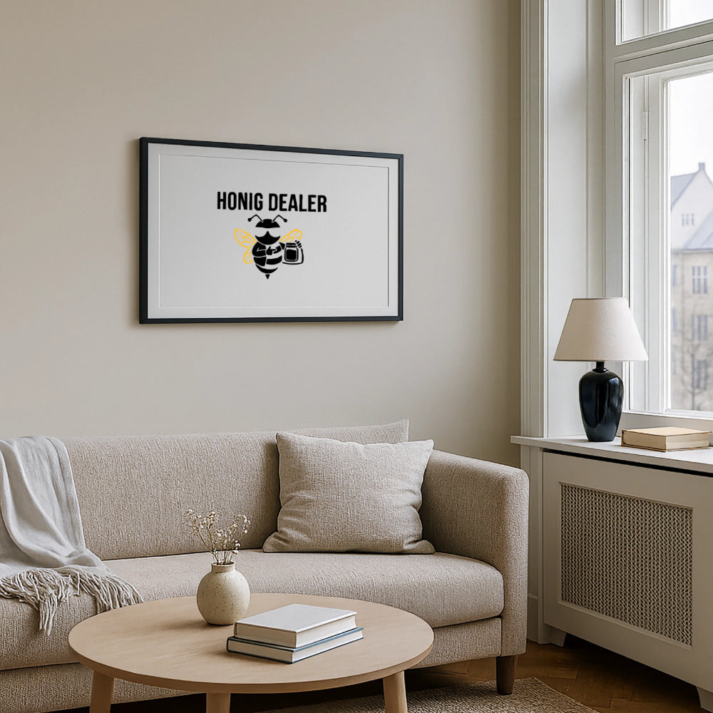 Honig Dealer Gerahmtes Poster (69 × 49 cm) mit Rahmen in Schwarz – im Wohnzimmer