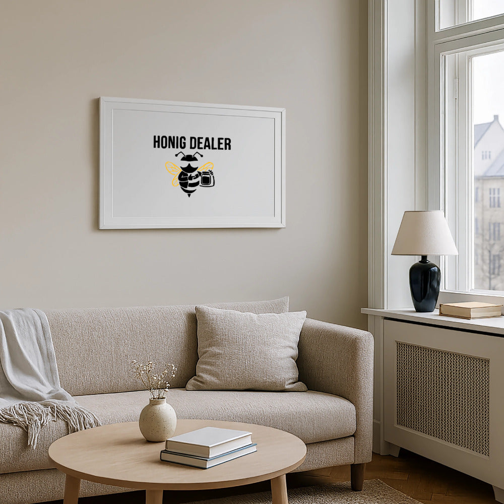 Honig Dealer Gerahmtes Poster (69 × 49 cm) mit Rahmen in Weiß – im Wohnzimmer