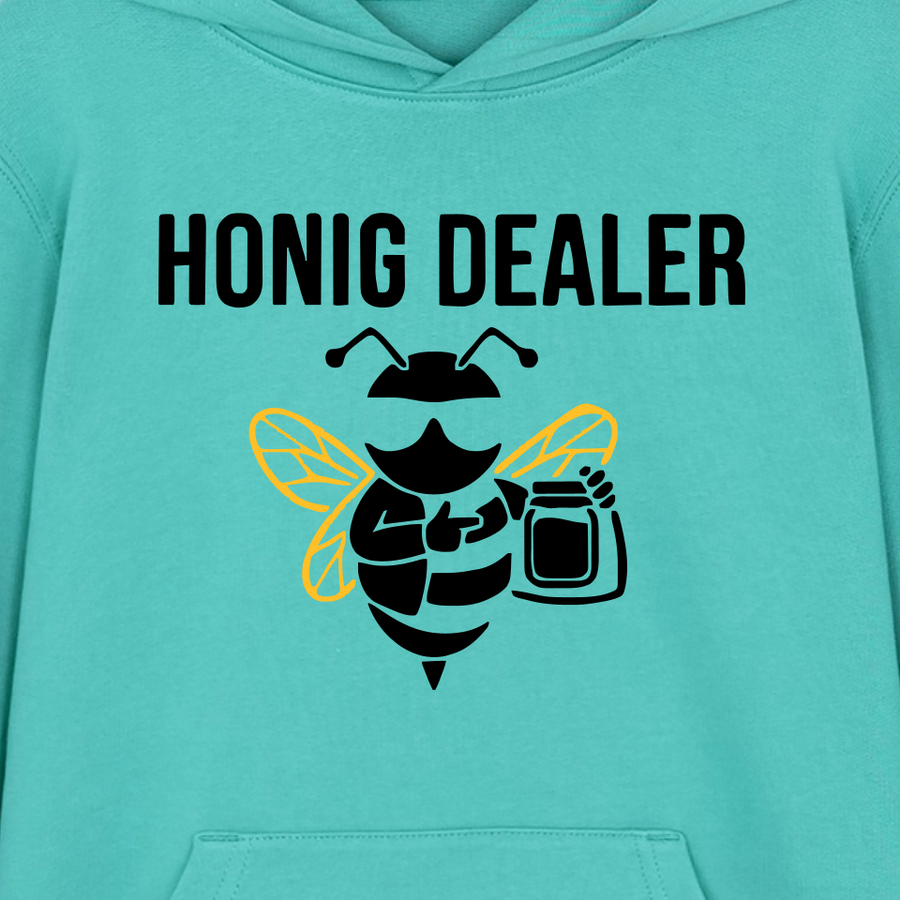 Honig Dealer Teenager Hoodie in Poolblau – Druck im Detail