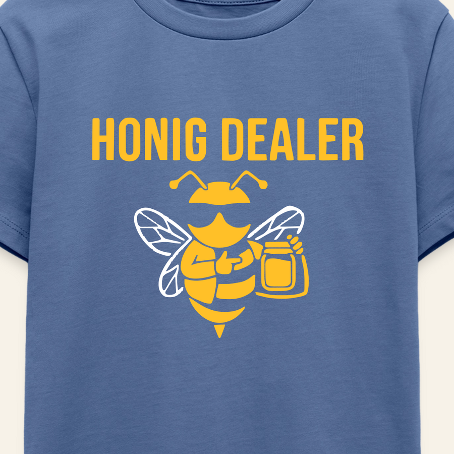 Honig Dealer Teenager T-Shirt in Steinblau – Druck im Detail