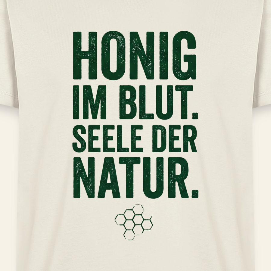 Honigblut T-Shirt in Naturweiß – Druck im Detail