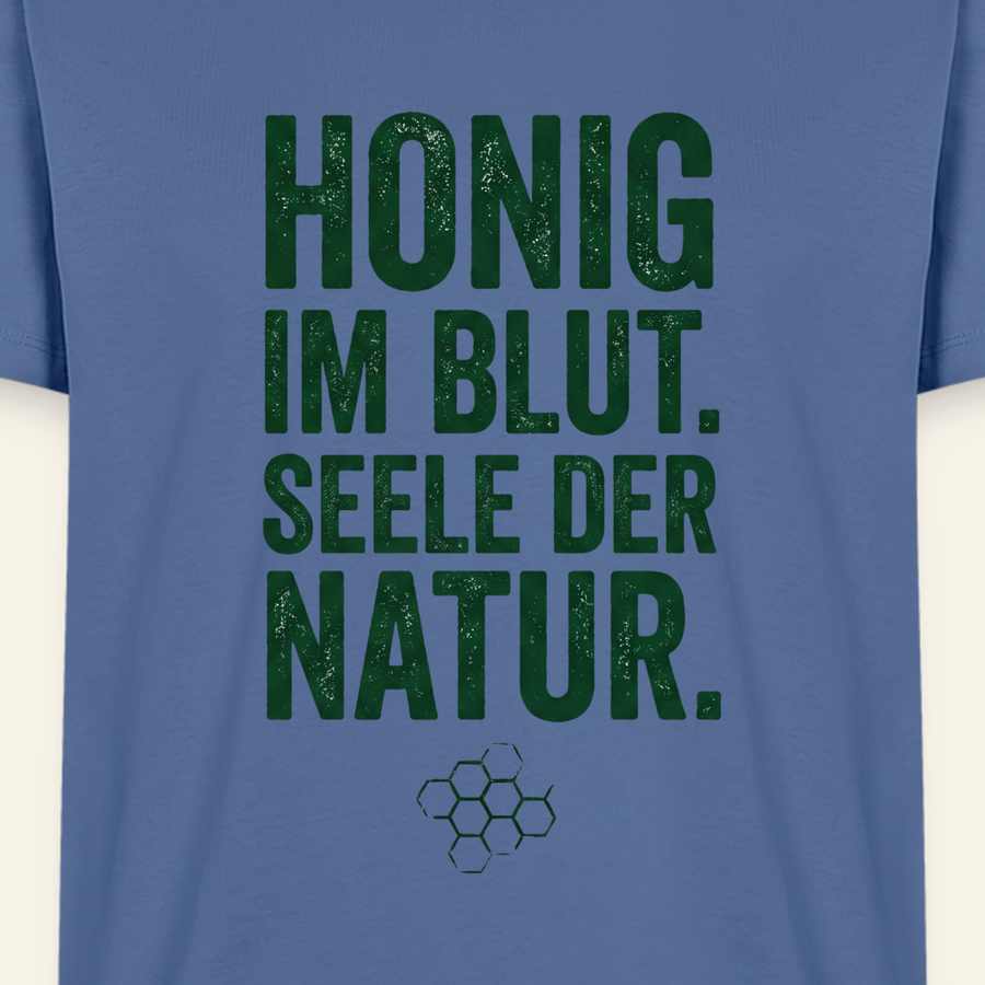 Honigblut T-Shirt in Steinblau – Druck im Detail