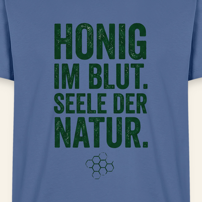 Honigblut T-Shirt in Steinblau – Druck im Detail
