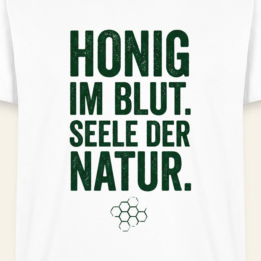 Honigblut T-Shirt in Weiß – Druck im Detail