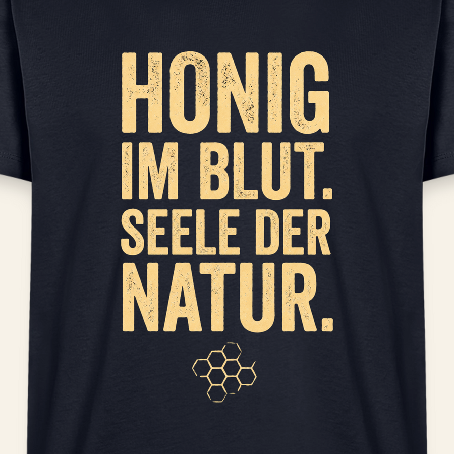 Honigblut T-Shirt in Dunkelblau – Druck im Detail