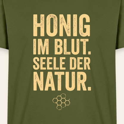 Honigblut T-Shirt in Khaki – Druck im Detail