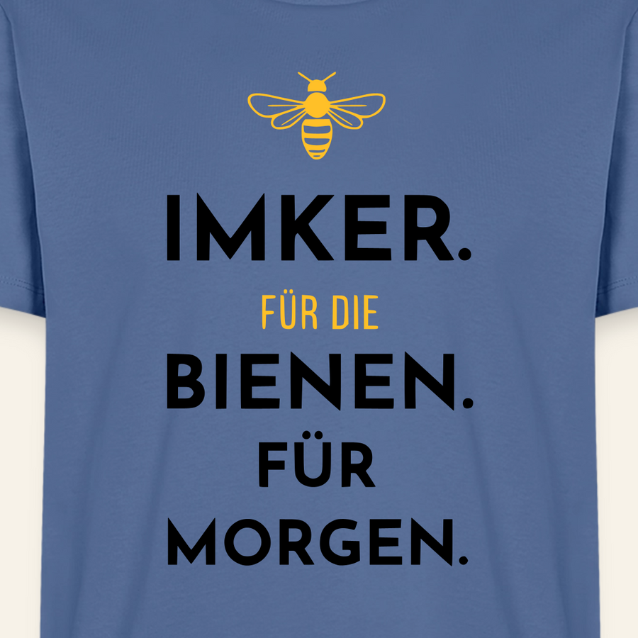 Imker für Morgen T-Shirt in Steinblau – Druck im Detail