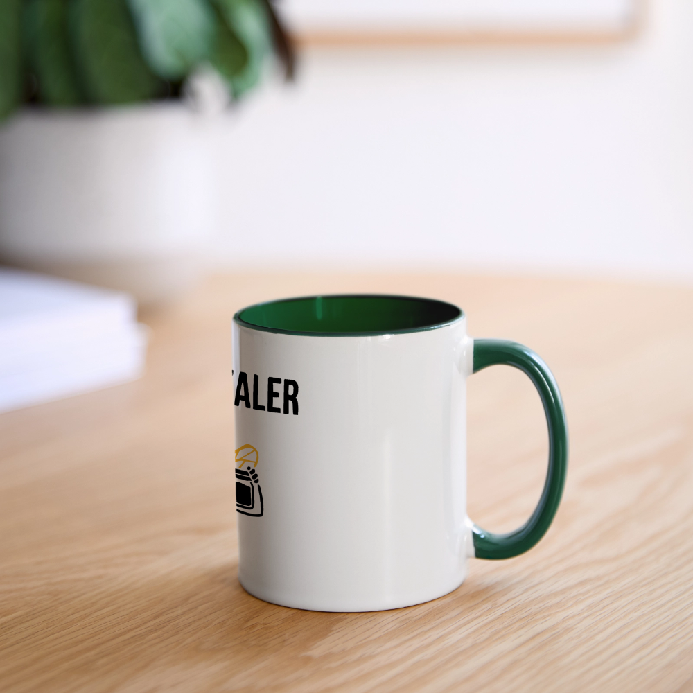Honig Dealer Tasse in Weiß/Dunkelgrün – auf dem Schreibtisch