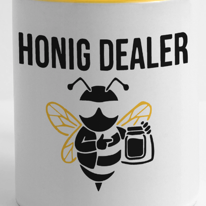 Honig Dealer Tasse in Weiß/Gelb – Druck im Detail