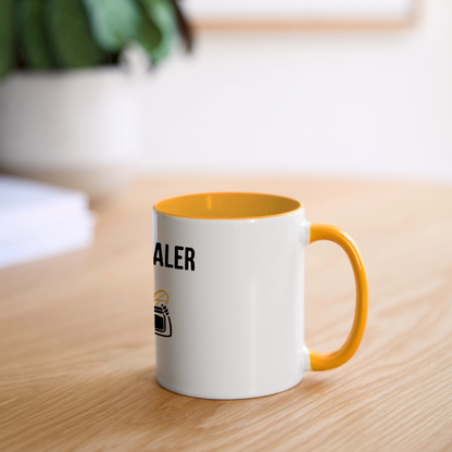 Honig Dealer Tasse in Weiß/Gelb – auf dem Schreibtisch
