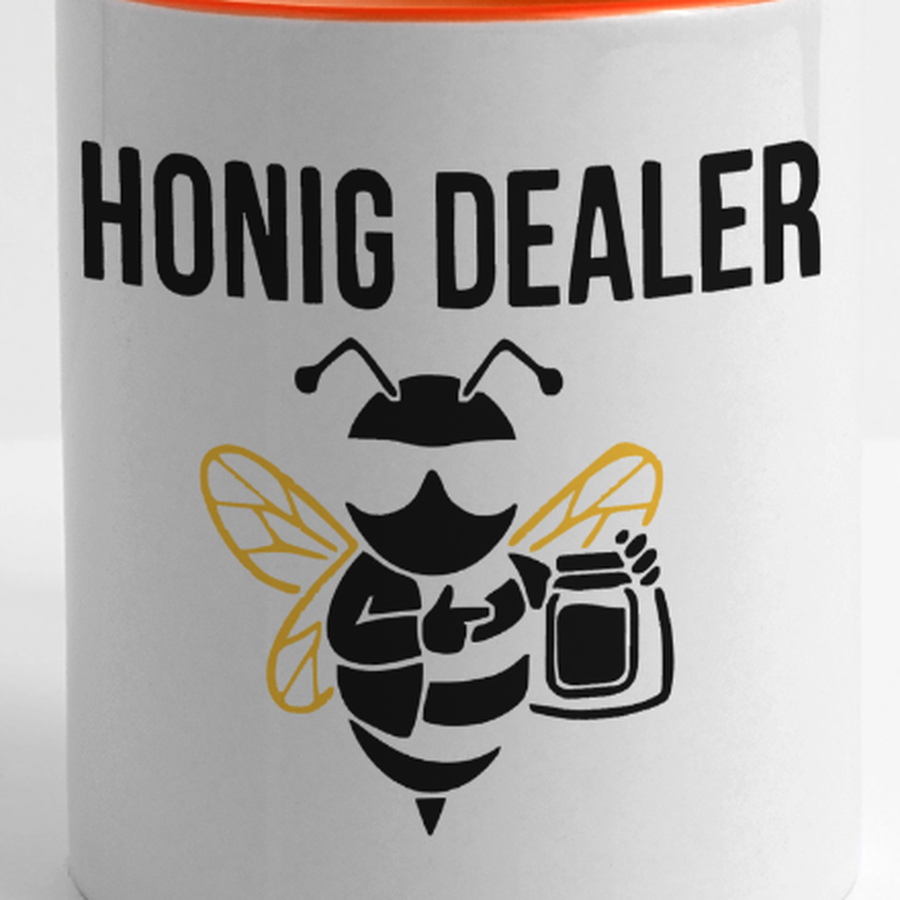 Honig Dealer Tasse in Weiß/Orange – Druck im Detail
