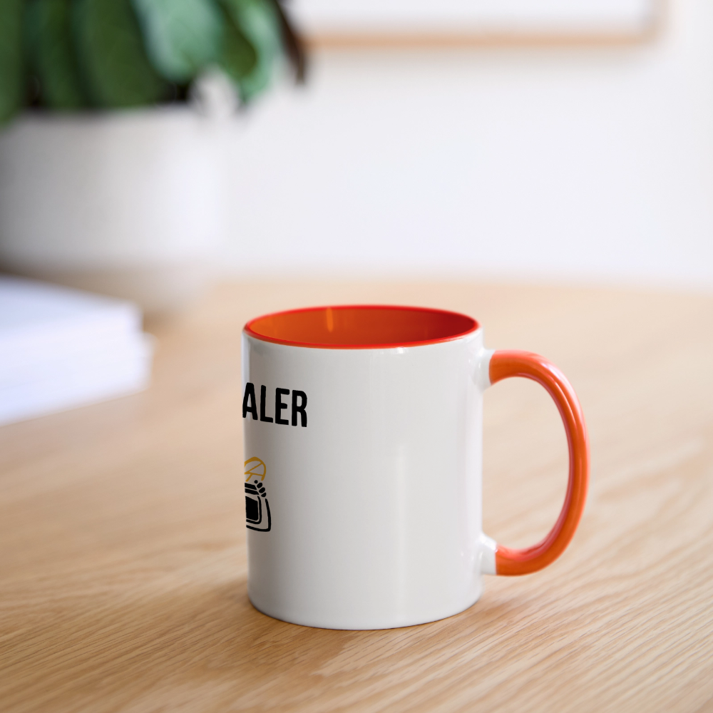 Honig Dealer Tasse in Weiß/Orange – auf dem Schreibtisch