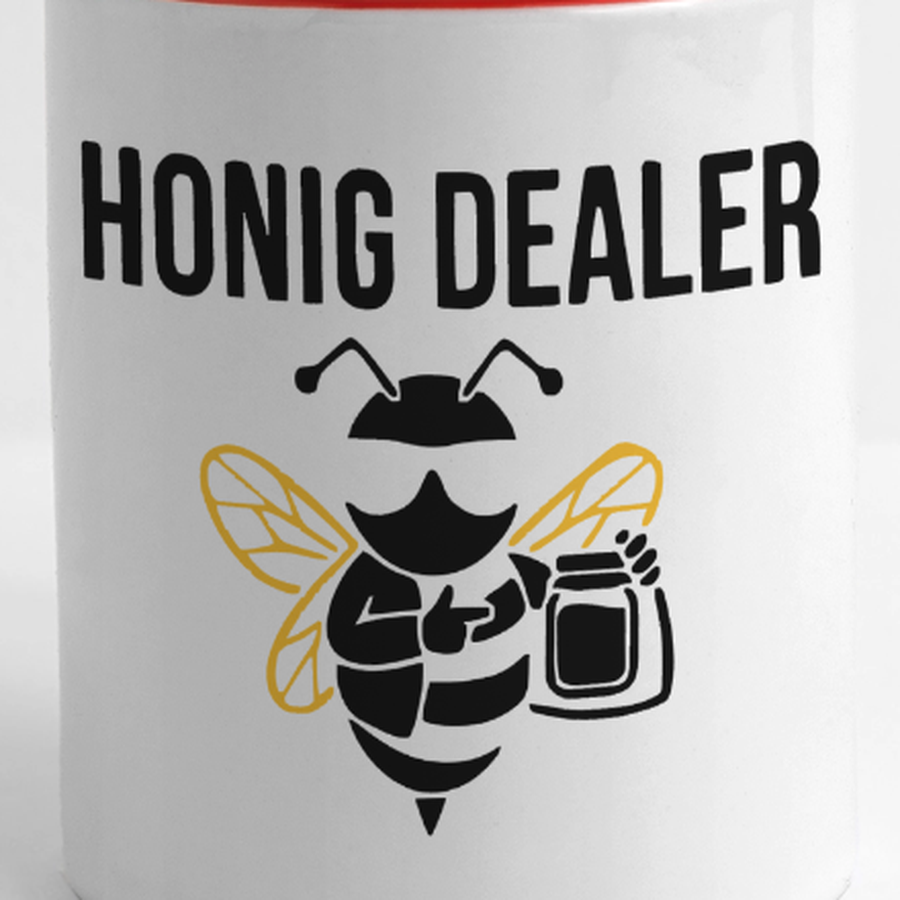 Honig Dealer Tasse in Weiß/Rot – Druck im Detail