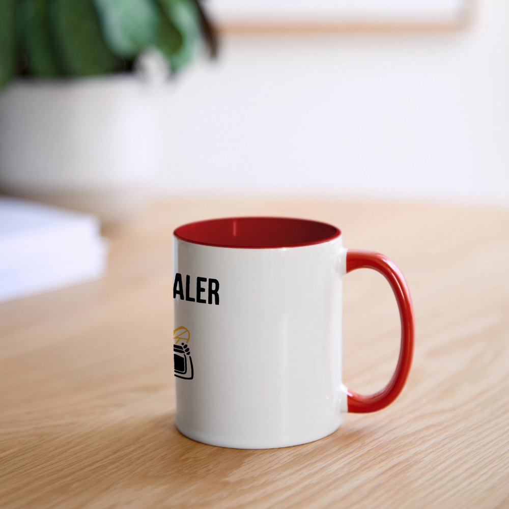 Honig Dealer Tasse in Weiß/Rot – auf dem Schreibtisch