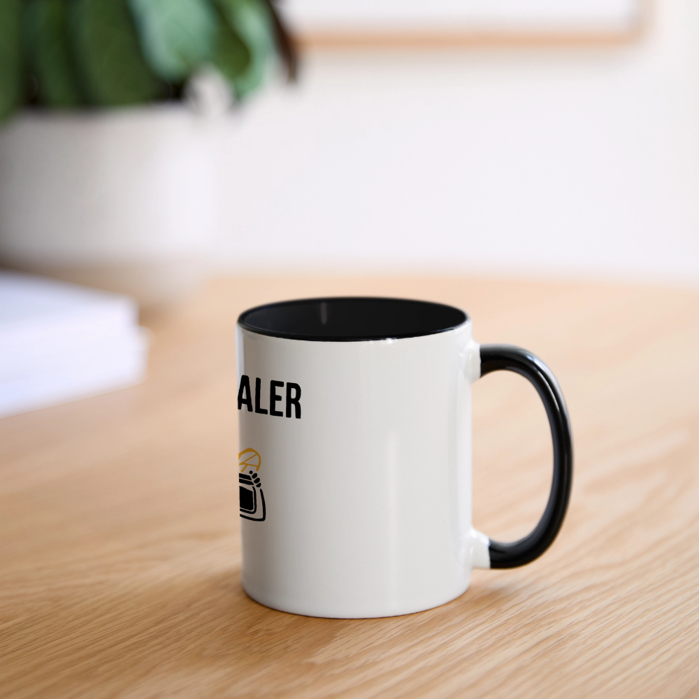 Honig Dealer Tasse in Weiß/Schwarz – auf dem Schreibtisch